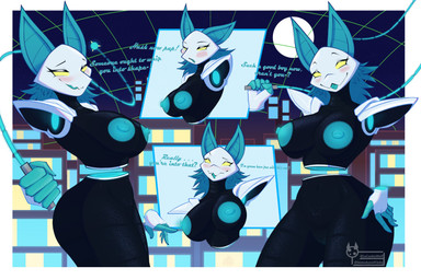 anthro areola big_breasts blue_hair breasts dialogue empty_eyes female first_person_view floating_hands genitals glistening glistening_body glistening_breasts glistening_thighs hair machine nipples nude smile solo standing text thick_thighs vulva wide_hips yellow_eyes lecookiewolf deltarune undertale_(series) tasque_manager android darkner felid feline mammal robot absurd_res english_text hi_res