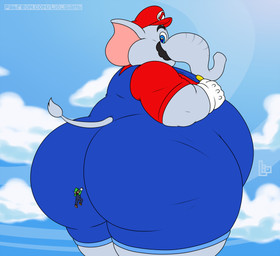 anthro belly big_butt blue_eyes bubble_butt butt butt_grab climbing climbing_on climbing_on_another clothing duo extreme_size_difference eyes_closed facial_hair hand_on_butt hat headgear headwear looking_at_another looking_back male mustache overalls shaking size_difference straining struggling surprised wide_eyed liogiant mario_bros nintendo super_mario_bros_wonder elephant_mario luigi mario elephant elephantid human mammal proboscidean digital_media_(artwork) hi_res brother_(lore) brothers_(lore) sibling_(lore)
