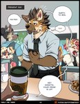 anthro ashlyn_(coffeesoda) aycee ben_(roanoak) beverage brown_hair canid canine canis clothed clothing coffee comic dialogue english_text female group hair hi_res male mammal maned_wolf necktie red_eyes solo_focus text url wolf