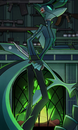 anthro bottomwear butt clothing dagger fingers fireplace gun inside lidded_eyes machine_gun male melee_weapon pants ranged_weapon rifle smile sniper_rifle solo weapon lanveril hellaverse helluva_boss chazwick_thurman aquatic demon fish shark 2023 3:5 absurd_res digital_media_(artwork) hi_res