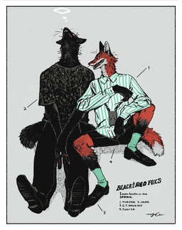 anthro black_body black_fur border clothed clothing duo fangs fluffy fluffy_tail footwear fur kemono looking_at_another male pointy_ears red_body red_fur ring sitting slim slim_anthro slim_male smoking socks tail teeth text white_body white_border white_fur mucknagabe canid canine fox mammal english_text hi_res