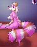 anthro butt dessert female food fur ice_cream looking_at_viewer maraschino_cherry markings neapolitan_ice_cream pink_body pink_fur pink_markings simple_background slime smile solo tail pheonixbat bassariscus food_creature goo_creature ice_cream_creature mammal procyonid raccoon ring-tailed_cat absurd_res hi_res