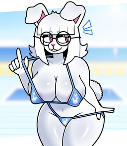 anthro beach bikini bikini_pull clothing clothing_pull eyewear female glasses looking_away nipple_outline solo swimwear swimwear_pull two-piece_swimsuit wearing_glasses lornalla bnuyu_(lornalla) lagomorph leporid mammal rabbit absurd_res hi_res