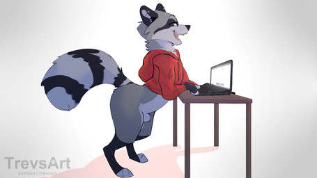 animal_genitalia blue_eyes bottomless clothed clothing computer crop_top digitigrade ear_piercing electronics facial_markings fingerless_(marking) fully_sheathed fur genitals grey_body grey_fur head_markings hoodie industrial_piercing laptop male markings mask_(marking) piercing red_clothing sheath shirt smile solo striped_markings striped_tail stripes tail tail_markings thick_thighs topwear trevart lucas_(oonracc) mammal procyonid raccoon 16:9 2023 4k absurd_res hi_res widescreen
