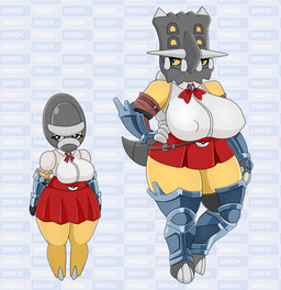 anthro armor armwear big_breasts bottomwear breasts clothing duo female huge_breasts legwear pokeball pokemorph ribbons shirt skirt standard_pokeball topwear yellow_body urusee584 nintendo pokemon bastiodon fossil_pokemon generation_4_pokemon pokemon_(species) shieldon absurd_res hi_res