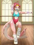 accessory aerobics anthro breasts clothing collarbone ear_piercing exercise eyebrows eyelashes female footwear hair headband inside leg_warmers legwear leotard looking_at_viewer open_mouth piercing pink_body pink_eyes pink_hair sharp_teeth shoes solo teeth tongue tongue_piercing workout wrist_warmers mykegreywolf shrimp_(uk_brony) fish marine shark 2024 3:4 absurd_res hi_res