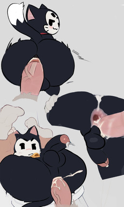 after_anal after_sex anthro anus balls black_body bodily_fluids butt clothing collar cum cum_inside cum_on_butt cum_on_penis cum_while_penetrated dripping duo ejaculation erection femboy foreskin full_nelson gaping gaping_anus genital_fluids genitals gloves hand_on_butt handwear holding_penis humanoid_genitalia humanoid_penis looking_back male male/male nelson_pose penetration penis precum precum_drip presenting presenting_penis puffy_anus rear_view simple_background spread_butt spreading tail vein veiny_penis ferichx brawl_stars supercell_(company) kit_(brawl_stars) domestic_cat felid feline felis humanoid mammal 3:5 hi_res