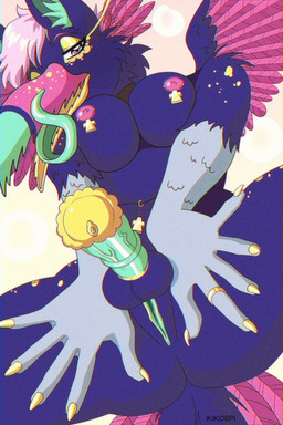 1990s_theme anime_style anthro balls beak blue_body breasts butt colored_nails crest_piercing erection feathers furgonomic_piercing furgonomics genitals green_genitals hair head_crest herm intersex looking_at_viewer markings nails navel nipple_piercing nipples non-mammal_hair non-mammal_navel non-mammal_nipples non-mammal_vulva nude penis piercing presenting retro simple_background smile solo spots spotted_markings tail tail_feathers tongue tongue_out vulva wings kikoepi avian bird toucan hi_res