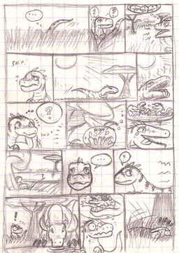 bodily_fluids ellipsis feral lake onomatopoeia question_mark sound_effects sun tears text chibibass dinosaur dromaeosaurid prehistoric_species reptile scalie theropod tyrannosaurid tyrannosauroid tyrannosaurus tyrannosaurus_rex velociraptor 2009 comic monochrome
