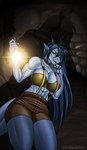 abs anthro athletic athletic_anthro bangs big_breasts black_nails blue_body blue_hair blue_scales blue_skin bottomwear breasts brown_clothing cave clothed clothing collar colored_nails crop_top dark_hair detailed_background digital_media_(artwork) dragon eliana-asato ena_(eliana) fangs female first_person_view flashlight green_eyes hair hi_res horn huge_breasts long_hair looking_at_viewer looking_from_above muscular muscular_anthro mythological_creature mythological_scalie mythology nails open_mouth open_smile scales scalie shadow shirt shorts smile solo suspenders tail teeth thoughtful topwear touching_face