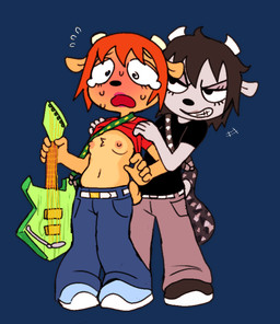 5_fingers anthro assisted_exposure belt black_clothing black_shirt black_t-shirt black_topwear blue_bottomwear blue_clothing blue_footwear blue_jeans blue_pants blue_shoes bodily_fluids bottomwear brown_bottomwear brown_clothing brown_footwear brown_hair brown_jeans brown_pants brown_shoes clenched_teeth clothed clothed_anthro clothed_female clothing denim denim_bottomwear denim_clothing duo electric_guitar eyeshadow female female_anthro fingers footwear fully_clothed fully_clothed_anthro fully_clothed_female fur green_guitar grey_body grey_fur grin guitar hair holding_guitar holding_musical_instrument holding_object horn jeans lips makeup malicious mischievous_smile musical_instrument narrowed_eyes navel nervous nervous_sweat nipples orange_hair pants pink_eyeshadow pink_lips pink_nipples plucked_string_instrument questionable_consent raised_t-shirt red_clothing red_shirt red_t-shirt red_topwear shirt shoes short_hair simple_background smile string_instrument sweat sweatdrop t-shirt tears teeth topwear transparent_background white_belt yellow_body yellow_fur chatoyancy parappa_the_rapper sony_corporation sony_interactive_entertainment um_jammer_lammy lammy_lamb rammy_lamb bovid caprine mammal sheep 2025 alpha_channel digital_drawing_(artwork) digital_media_(artwork)