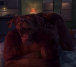 anthro apartment ass_up cozy floppy_ears male nude open_mouth short_tail sleeping solo tail tongue yawn fuzzle_(artist) rainy canid canine canis dobermann domestic_dog mammal pinscher hi_res