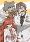 anthro black_hair black_sclera brown_body brown_fur clothing eye_patch eye_scar eyewear facial_scar female fur glasses group hair kemono laugh male necktie notched_ear red_eyes red_hair scar shark_teeth smile suit trio white_clothing white_suit until_hotobori mihoyo zenless_zone_zero anton_ivanov ben_bigger koleda_belobog bear human mammal 2024 hi_res