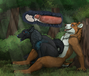against_natural_surface against_surface against_tree anthro anthro_on_feral anthro_penetrating anthro_penetrating_feral bestiality black_body black_fur blue_nose blue_tongue bodily_fluids breath brown_body brown_fur crouching_over_partner cum cum_in_uterus cum_inside dominant dominant_female dominant_feral dripping duo ears_back eye_roll female feral feral_penetrated fur genital_fluids genitals grass half-closed_eyes hand_on_ground humanoid_genitalia humanoid_penis internal internal_vaginal interspecies larger_anthro larger_male leaning leaning_backward light light_beam looking_pleasured male male/female male_anthro male_feral narrowed_eyes open_mouth outside panting penetration penis pivoted_ears plant red_eyes saliva saliva_drip saliva_on_tongue sex shrub sitting sitting_on_another size_difference smaller_female smaller_feral smaller_penetrated sunbeam sunlight tongue tongue_out tree uterus vaginal vaginal_penetration white_body white_fur ennismore bri_(ennismore) mishka_(fishymishy) bear canid canine deer hybrid mammal absurd_res hi_res