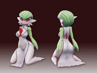 areola areola_slip big_breasts big_butt blush breasts brown_background butt chest_spike cleavage clothed clothing dress eyelashes featureless_feet feet female front_view green_body green_hair hair kneeling navel_outline pink_areola pupils rear_view red_eyes simple_background slit_pupils small_waist smile solo spikes spikes_(anatomy) white_background white_body white_clothing white_dress wide_hips the-great-pipmax nintendo pokemon gardevoir generation_3_pokemon humanoid pokemon_(species) 3d_(artwork) 4:3 digital_media_(artwork) hi_res