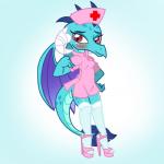 1:1 2016 absurd_res anthro biped blue_body blue_scales blush clothed clothing dragon female footwear friendship_is_magic full-length_portrait gradient_background hasbro hat headgear headwear hi_res high_heels horn legwear membrane_(anatomy) membranous_wings my_little_pony mythological_creature mythological_scalie mythology nurse nurse_clothing nurse_uniform platform_footwear platform_heels portrait princess_ember_(mlp) pyruvate red_eyes scales scalie shoes simple_background solo standing stockings tail tsundere uniform wings