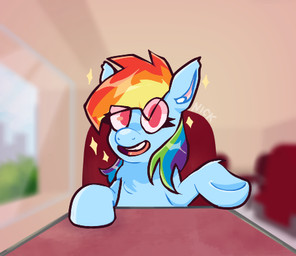 blue_body blue_fur date detailed_background diner female feral fur hair multicolored_hair rainbow_hair restaurant solo nickdoesstuff friendship_is_magic hasbro my_little_pony rainbow_dash_(mlp) equid equine horse mammal pony low_res