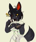 anthro big_breasts black_body black_fur black_hair black_tail breasts clothed clothing female food fruit fur hair looking_at_viewer nut_(fruit) offering_to_viewer plant simple_background solo tail yellow_eyes swiwwel mir_(swiwwel) canid canine mammal 2024 absurd_res digital_drawing_(artwork) digital_media_(artwork) hi_res