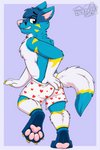 anthro black_eyes blue_hair boxers_(clothing) chest_tuft claws clothed clothing clothing_pull cute_fangs digitigrade fangs feet hair heart_boxers heart_clothing heart_symbol heart_underwear inner_ear_fluff looking_at_viewer looking_back looking_back_at_viewer male narrowed_eyes neck_tuft one_leg_up partially_clothed pawpads pink_inner_ear pink_nose pink_pawpads raised_leg solo suggestive_look teeth toe_claws tuft underwear underwear_pull gaokun ferdinand_the_folf canid canine canis hybrid mammal wolf 2021 2:3 absurd_res hi_res watermark