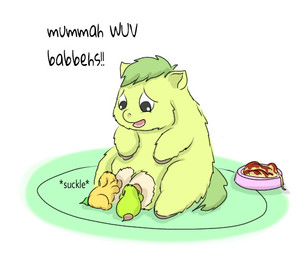 ambiguous_feral ambiguous_gender baby_talk black_eyes bowl breastfeeding container crotch_breasts dialogue eyes_closed female female_feral feral food fur good_parenting green_body green_fur green_hair green_tail grey_tail group hair hooves looking_down looking_down_at_another love narrowed_eyes neonate nipples open_mouth pasta pet_bowl simple_background sitting spaghetti sucking tail text trio yellow_body yellow_fur young young_ambiguous young_feral carpdime fluffy_pony fluffy_pony_(species) mammal digital_media_(artwork) english_text shaded mother_(lore) mother_and_child_(lore) parent_(lore) parent_and_child_(lore)