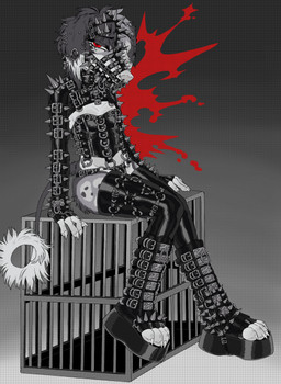 alternative_fashion anthro armwear bdsm bondage bondage_gear boots bound cage clothing collar cuff_(restraint) ear_piercing facial_piercing footwear goth latex latex_armwear latex_clothing latex_legwear legwear mask muzzle_(object) muzzled nose_piercing piercing punk restraints shoes solo spiked_clothing spikes tail thigh_highs uselesspuppy canid canine canis domestic_dog hunting_dog mammal sighthound hi_res
