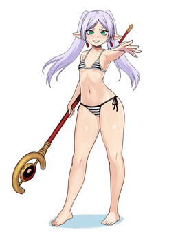 bikini breasts clothing ear_piercing eyebrows eyelashes feet female glistening green_eyes grey_hair hair humanoid_pointy_ears navel pattern_bikini pattern_clothing pattern_swimwear piercing pointy_ears side-tie_bikini small_breasts smile solo staff string_bikini striped_bikini striped_clothing striped_swimwear stripes swimwear twintails_(hairstyle) two-piece_swimsuit watcher_hollow frieren_beyond_journey's_end frieren elf humanoid 2026 absurd_res hi_res
