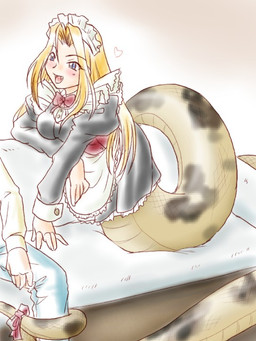 5_fingers accessory apode blonde_hair blue_eyes blush bottomless bow_(feature) bow_accessory bow_ribbon bow_tie clothed clothing duo fangs female fingers furgonomics furniture hair legless long_hair maid_uniform open_mouth pupils ribbons serpentine sitting slit_pupils sofa split_form tail tail_accessory tail_bow tail_ribbon tan_body tan_skin teeth uniform purple_bonus draconcopode human humanoid lamia mammal reptile scalie snake 3:4