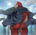 anthro big_butt boat bottomless butt caption casual_exposure clothed clothing cloud day fur hands_on_hips jacket looking_at_viewer looking_back looking_back_at_viewer male muscular muscular_anthro muscular_butt muscular_male open_clothing open_jacket open_topwear outside rear_view sea sky smile solo standing sun topwear tuft vehicle water watercraft bozi knights_college diederich_olsen canid canine mammal 2022 hi_res