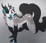 all_fours anthro breasts facial_piercing female hair horn multi_tongue nipples nose_piercing nose_ring nude piercing ring_piercing septum_piercing simple_background solo text tongue tongue_out tongue_piercing enro_the_mutt blaze_monstrosity hybrid hyena mammal monster spotted_hyena