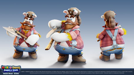 ambiguous_gender anthro axe balding beard blue_bottomwear blue_clothing blue_pants boots bottomwear brown_beard brown_body brown_boots brown_clothing brown_eyebrows brown_facial_hair brown_footwear brown_fur brown_hair brown_mustache brown_nose brown_tail buckteeth button_(fastener) closed_smile clothed clothed_anthro clothed_male clothing copyright_symbol duo eyebrows facial_hair footwear front_view fully_clothed fully_clothed_anthro fully_clothed_male fur gradient_background hair half-closed_eyes holding_axe holding_both_ears holding_object larger_anthro larger_male leaf left-handed legless long_ears male male_anthro markings mitten_hands mouth_closed multicolored_body mustache narrowed_eyes on_another overweight overweight_anthro overweight_male pants pattern_clothing pattern_shirt pattern_topwear pink_dress_shirt plaid plaid_clothing plaid_shirt plaid_topwear rear_view red_dress_shirt red_plaid semi-anthro shirt shoes simple_background size_difference smaller_ambiguous smile standing straining_buttons striped_markings striped_tail stripes suspenders symbol tail tail_markings tan_body tan_eyelids tan_skin teeth text thick_eyebrows title topwear two_tone_body two_tone_tail white_body white_fur year salvatore_ditrani mario_plus_rabbids_sparks_of_hope nintendo raving_rabbids rayman_(series) ubisoft beaver_(mario_plus_rabbids) sweetlopek beaver lagomorph mammal rabbid rodent 16:9 2022 3d_(artwork) artist_name autodesk_maya_(artwork) digital_media_(artwork) english_description english_text hi_res official_art widescreen