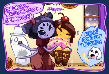 brown_hair candy clothing costume dessert duo female food fur hair horn multi_arm multi_limb party pigtails purple_body purple_hair purple_skin text white_body white_fur ransaros_(artist) undertale undertale_(series) frisk_(undertale) muffet napstablook toriel animal_humanoid arachnid arachnid_humanoid arthropod arthropod_humanoid boss_monster_(undertale) bovid caprine ghost human humanoid mammal spider_humanoid spirit alpha_channel english_text