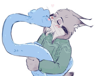 anthro blue_body blue_scales blush bodily_fluids clothing duo femboy feral fur grey_body grey_fur interspecies kissing male male/male scales sweater topwear purrnasty disney zootopia gary_de'snake pawbert_lynxley canada_lynx felid feline lynx mammal pit_viper reptile scalie snake viper 5:4