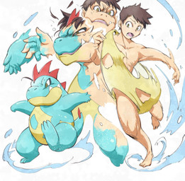 blue_body blue_scales brown_hair clothed clothing feral goo_transformation growth hair hair_loss leotard male nude open_mouth partially_clothed red_body red_scales running scale_growth scales sharp_teeth shrinking size_transformation solo species_transformation spikes spikes_(anatomy) tan_body tan_scales teeth torn_clothing transformation water nojo nintendo pokemon crocodilian croconaw generation_2_pokemon human mammal pokemon_(species) reptile scalie