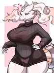 anthro big_breasts biped blue_eyes border bottomless breasts clothed clothing eyelashes eyewear female fingers fur glasses hand_on_hip heart_symbol open_mouth pink_background simple_background solo standing sweater tongue topwear white_body white_border white_fur juppi nintendo pokemon generation_5_pokemon legendary_pokemon pokemon_(species) reshiram hi_res