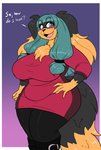 anthro big_breasts blush breasts clothed clothing curvy_figure dialogue eyewear female glasses simple_background solo text thick_thighs voluptuous wide_hips jwinkz zoey_(jwinkz) canid canine canis domestic_dog mammal english_text hi_res