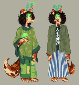 anthro barefoot bottomwear brown_hair claws clothing fangs feet green_bottomwear green_clothing green_glow green_pants green_shawl grey_background hair holding_object long_skirt male medium_hair orange_eyes pants pattern_bottomwear pattern_clothing pattern_skirt paws simple_background skirt solo standing striped_bottomwear striped_clothing striped_skirt stripes tail teeth white_sclera calicotisane calico_cat canid canine canis domestic_cat domestic_dog felid feline felis hybrid mammal digital_media_(artwork) full-length_portrait hi_res portrait trans_(lore)