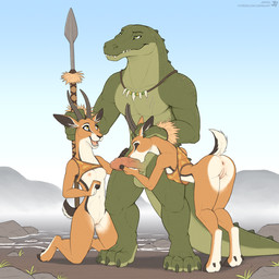 4_toes 5_fingers anthro anthro_on_anthro anus balls bent_over bottomless bottomless_anthro bottomless_female breasts butt clothed clothed/nude clothed_female clothing cloven_hooves dewclaw_hooves erection feet fellatio female fingers fur genitals green_body green_scales group group_nudity group_sex hand_on_head hand_on_penis handjob happy head_grab hooves horn humanoid_genitalia humanoid_hands humanoid_penis humanoid_vulva innie_vulva interspecies jewelry kneeling larger_male male male/female melee_weapon multicolored_body multicolored_fur muscular muscular_male narrowed_eyes necklace next_to nipples non-mammal_balls nude open_mouth open_smile oral outside outside_sex penile penis penis_grab polearm predator/prey raised_clothing raised_tail scales scut_tail seductive sex short_tail sideways_oral size_difference smaller_female smile spear standing tail tail_anus tan_body tan_fur teeth threesome toes tongue tribal trio two_tone_body two_tone_fur unguligrade vulva water weapon white_body white_fur jishinu antelope bovid crocodile crocodilian gazelle mammal reptile scalie 1:1 2024 hi_res