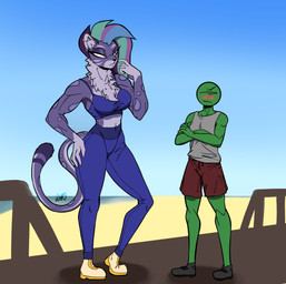 4_fingers anthro anthrofied athletic_wear bald beach blue_body blue_clothing blue_crop_top blue_fur blue_hair blue_leggings blue_legwear blue_shirt blue_sky blue_spots blue_topwear blush blush_lines bottomwear breasts clothing crop_top crossed_arms day duo ear_piercing ear_ring eyelashes female fingers fluffy fluffy_chest fluffy_tail footwear fur green_body green_skin grey_clothing grey_shirt grey_tank_top grey_topwear gym_bottomwear gym_shorts hair larger_female leggings legwear lidded_eyes long_hair long_tail male markings multicolored_body multicolored_fur multicolored_hair muscular muscular_anthro muscular_arms muscular_female outside piercing purple_hair ring_piercing sea seaside shirt shoes shorts size_difference sky smaller_male sneakers spots spotted_body spotted_fur tail tank_top teal_hair thick_thighs topwear water wide_hipped_anthro wide_hipped_female wide_hips yellow_eyes 2hrnap hasbro mlp_g5 my_little_pony allura_(mlp) anon felid human mammal pantherine snow_leopard 2025 absurd_res digital_drawing_(artwork) digital_media_(artwork) hi_res