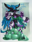 3_toes 4_ears 4_fingers anthro areola armor armor_falling_off balls big_balls big_breasts big_penis biped black_balls black_body black_feathers black_sclera blue_body blue_eyes blue_feathers blush breasts exclamation_point fangs feather_hair feathered_wings feathers feet fingers genitals green_body green_feathers gynomorph heart_symbol huge_breasts intersex multi_ear nipples non-mammal_breasts open_mouth penis pseudo_hair purple_areola purple_nipples purple_penis purple_tongue simple_background slime slime_on_breasts slime_on_leg slime_on_penis solo standing surprised_expression tapering_penis teeth text toes tongue translucent translucent_body unconvincing_armor winged_arms wings azura_inalis ralena/ralaku avali avian goo_creature absurd_res english_text hi_res herm_(lore)