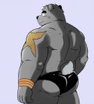 5_fingers anthro butt clothed clothing fingers kemono looking_back male musclegut muscular muscular_anthro muscular_male scar simple_background skimpy smile solo standing underwear wrestling_briefs shiba-kenta daigo_kumano bear mammal