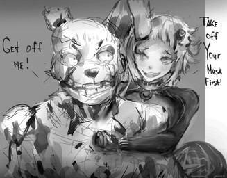 annoyed arthropod_abdomen blood blood_stain bodily_fluids cult cultist dialogue duo female flirting_look grafelem male thorax five_nights_at_freddy's five_nights_at_freddy's_3 re:zero scottgames capella_emerada_lugunica changeling_(lorewise) springtrap_(fnaf) human humanoid lagomorph leporid mammal rabbit undead crossover hi_res sketch