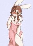 anthro blush breasts brown_hair cleavage clothed clothing eyebrows eyelashes female freckles hair shy solo standing towel towel_only yellow_eyes alasou alissa_(alasou) lagomorph leporid mammal rabbit 2021 digital_media_(artwork) hi_res