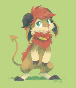 ambiguous_gender anthro black_hooves black_horn black_inner_ear blep brown_body brown_fur chibi collar fur gold_(metal) gold_collar green_background green_eyes hooves horizontal_pupils horn mane metal_collar pink_nose pink_tongue pupils red_mane semi-anthro simple_background snout solo spade_tail standing tail tan_body tan_fur tongue tongue_out unguligrade darmp bovid caprine goat mammal 2014 digital_media_(artwork) digital_painting_(artwork) full-length_portrait hi_res painting_(artwork) portrait shaded