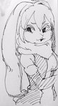 :3 anthro armwear big_breasts breasts clothing dress elbow_gloves female gloves handwear incisors long_ears looking_sideways solo asanomihaziketa koshinism kenma-kun lagomorph leporid mammal rabbit black_and_white hi_res line_art monochrome sketch traditional_media_(artwork)