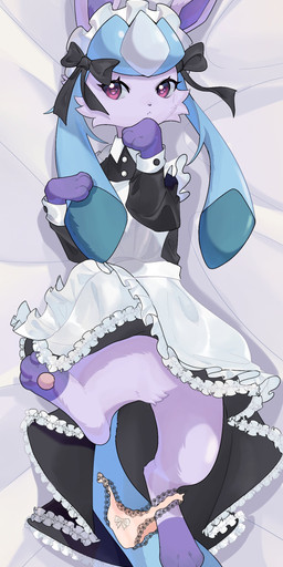 alternate_color anthro anthrofied apron bedding bedding_background black_bow black_clothing black_dress bow_panties bow_underwear cheek_tuft clothing crotch_tuft dakimakura digitigrade dress ear_bow facial_tuft featureless_crotch female female_anthro frilly frilly_clothing frilly_dress frilly_panties frilly_underwear front_view handpaw high-angle_view leg_markings looking_at_viewer looking_up lying maid_headdress maid_uniform markings on_back panties panties_around_ankle paws pink_eyes semi-anthro socks_(marking) solo tuft underwear uniform zdx nintendo pokemon della_(zdx) fan_character eeveelution generation_4_pokemon glaceon pokemon_(species) 1:3 2025 absurd_res dakimakura_design full-length_portrait hi_res portrait