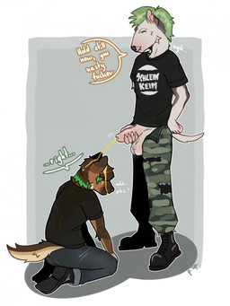 alternative_fashion anthro anthro_on_anthro balls big_balls bodily_fluids chelsea_hair_cut dominant dominant_anthro dominant_male duo ear_piercing female foreskin genital_fluids genital_piercing genitals golden_shower hand_on_hip kneeling male male/female mohawk peeing penis piercing punk punk_hair scrotum_piercing urine watersports punkt.punkk punkt.spunkk kennedy_(punkt.punkk) bull_terrier canid canine canis domestic_dog german_shepherd herding_dog hunting_dog mammal pastoral_dog terrier hi_res