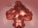 abs anthro areola biceps big_muscles big_pecs floppy_ears fur hair huge_pecs looking_at_viewer looking_down looking_down_at_viewer male male_anthro muscular muscular_anthro muscular_male nipples nude pecs pubes red_body red_fur simple_background solo tail yellow_eyes dalemdaury622 canid canine canis domestic_dog mammal 4:3 hi_res
