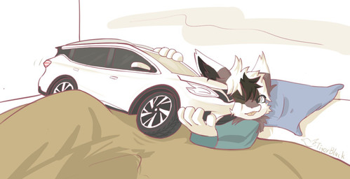 ambiguous_gender anthro bed brown_body brown_fur car cuddling daww duo feral fur furniture kemono machine male vehicle wheel white_body white_car white_fur eibvdy mythology dire_car dire_machine dire_vehicle dragon furred_dragon furred_scalie living_car living_machine living_vehicle mythological_creature mythological_scalie scalie
