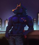 abs anthro beer_bottle belt biceps black_sclera bottle bottomwear city city_background claws clothed clothing container denim denim_bottomwear denim_clothing fur highlights_(coloring) jeans male multicolored_body multicolored_fur muscular muscular_male navel night nipples no_pupils outside pants partially_clothed pecs pivoted_ears purple_highlights sky skyline solo star starry_sky stripes topless topless_anthro topless_male v-line yellow_claws yellow_ear_fluff yellow_eyes yellow_nose yellow_stripes toroi zulu_(wo1fman) canid canine canis mammal wolf absurd_res hi_res