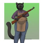 anthro apron belly big_belly big_breasts black_body black_fur black_hair bottomwear breasts clothing denim denim_bottomwear denim_clothing female fur green_eyes greying_hair gun hair jeans long_hair looking_at_viewer m1_garand mature_female navel_outline overweight overweight_female pants ranged_weapon rifle solo weapon panzerschreckleopard laura_baecker felid leopard mammal pantherine 1:1 2024 absurd_res colored hi_res